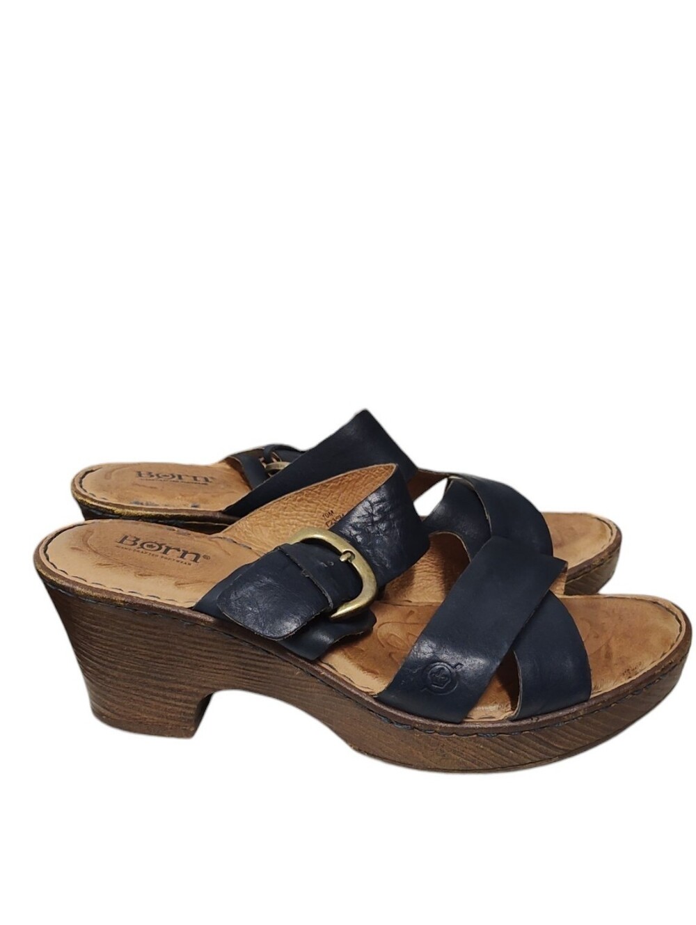 Born "Salina" Navy Blue Leather Crisscross Wedge Sandals Size 10
